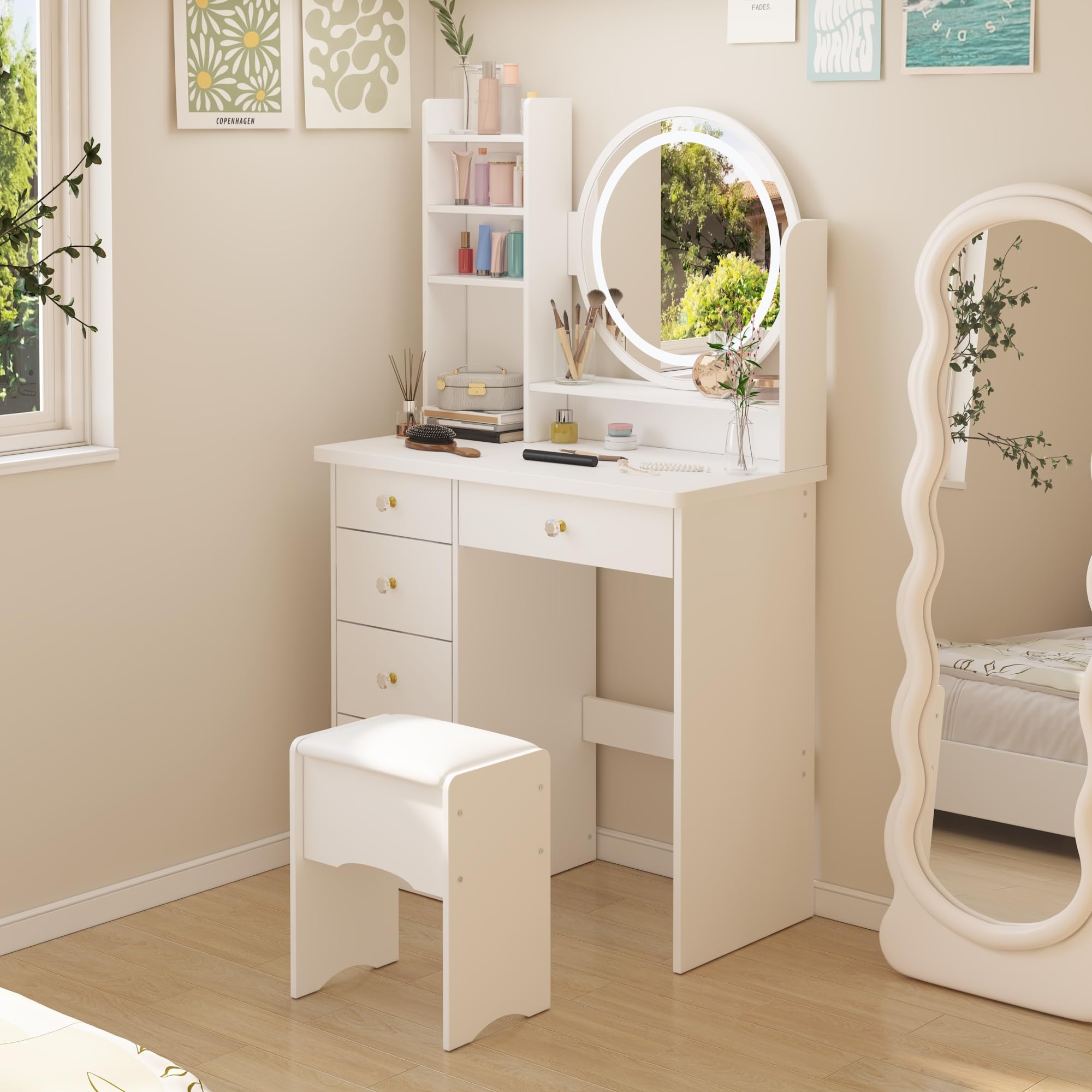 AIEGLE LED Lighted Vanity Desk Set with Round Mirror - 3 Color Adjustable Makeup Dressing Table with Open Shelves, Cushioned Stool & Storage Drawers | Perfect for Bedroom, Bathroom & Beauty Salon (White)