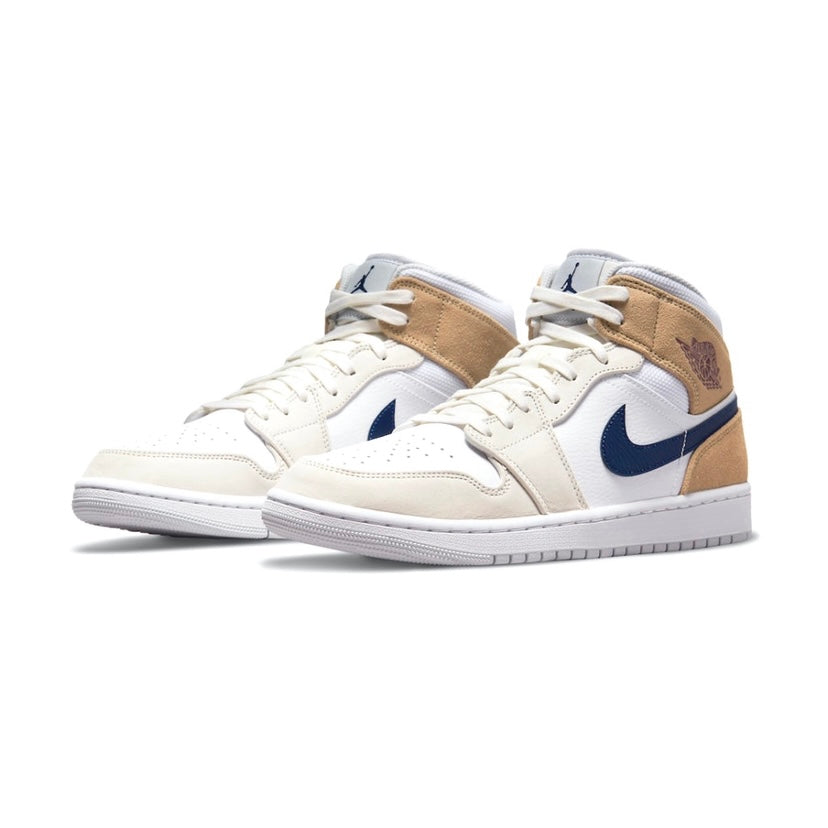 Air Jordan 1 Mid Sneakers - Tan Suede & White Leather with Blue Void & Team Red Accents | Men's Basketball Shoes for Casual Wear & Street Style