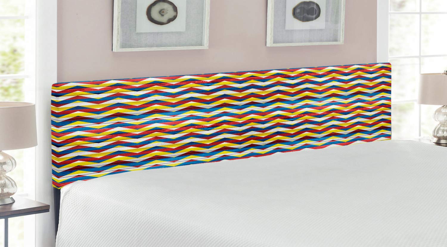 Ambesonne Chevron Headboard - Retro Geometric Upholstered Metal Bed Headboard with Memory Foam, King Size in Blue Green Red | Perfect for Modern Bedroom Decor & Guest Room Styling
