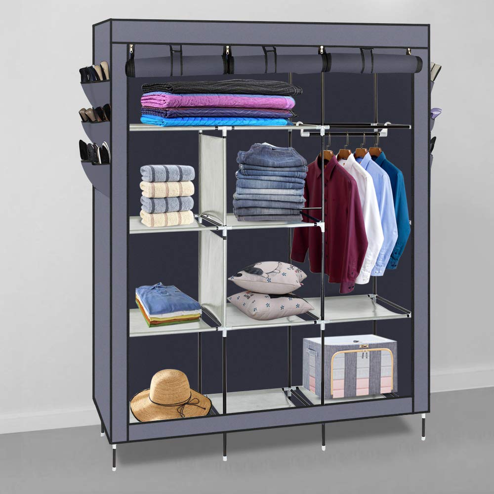 Portable Closet Organizer - Non-Woven Fabric Wardrobe with Hanging Rack & Side Pockets, 50