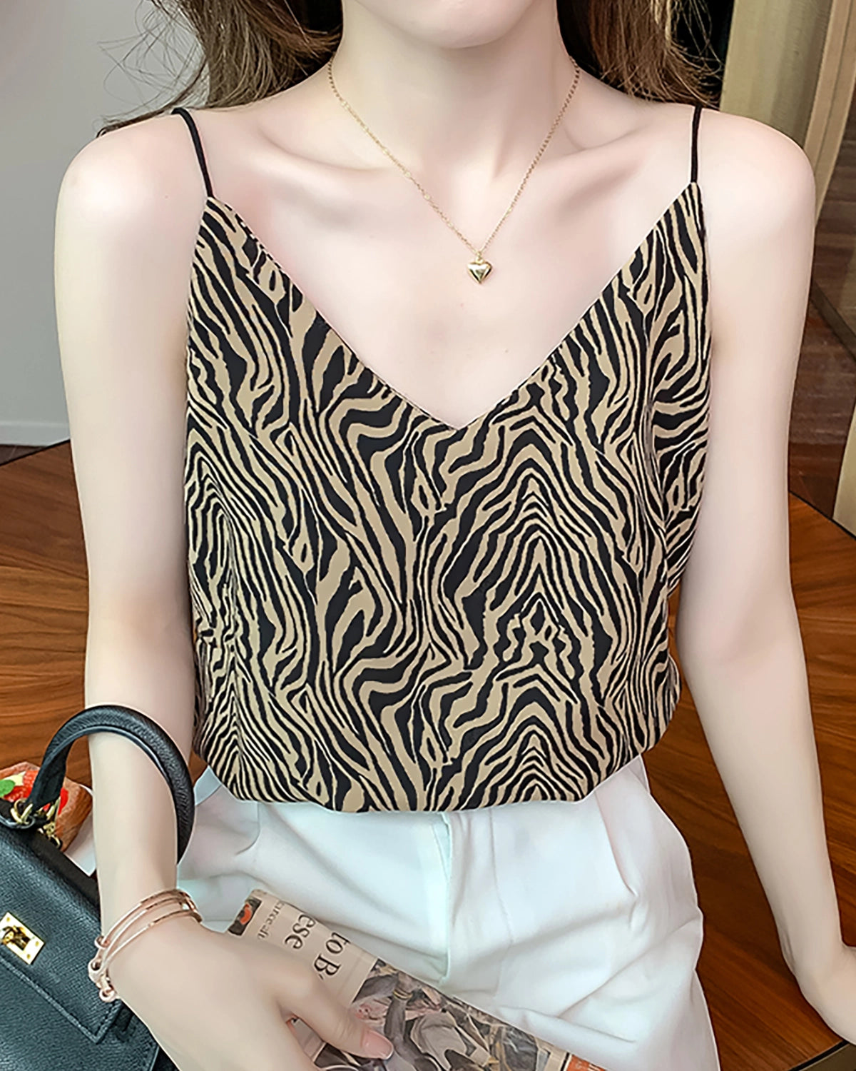 Zebra Stripe Silk Camisole for Women - Elegant Satin Sleepwear & Loungewear - Perfect for Nightwear, Bridal Shower, and Romantic Occasions