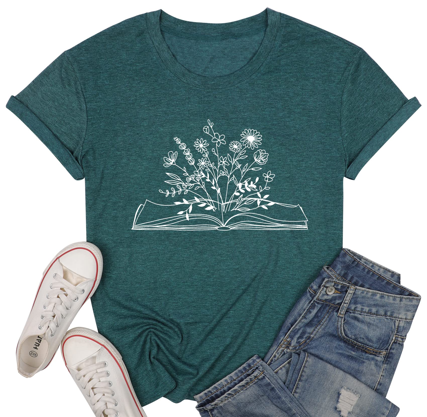Funny Book Lovers T-Shirt for Women - Wildflowers & Reading Design Short Sleeve Tee - Perfect Gift for Teachers & Bookworms - Great for Book Clubs, Library Visits & Casual Wear