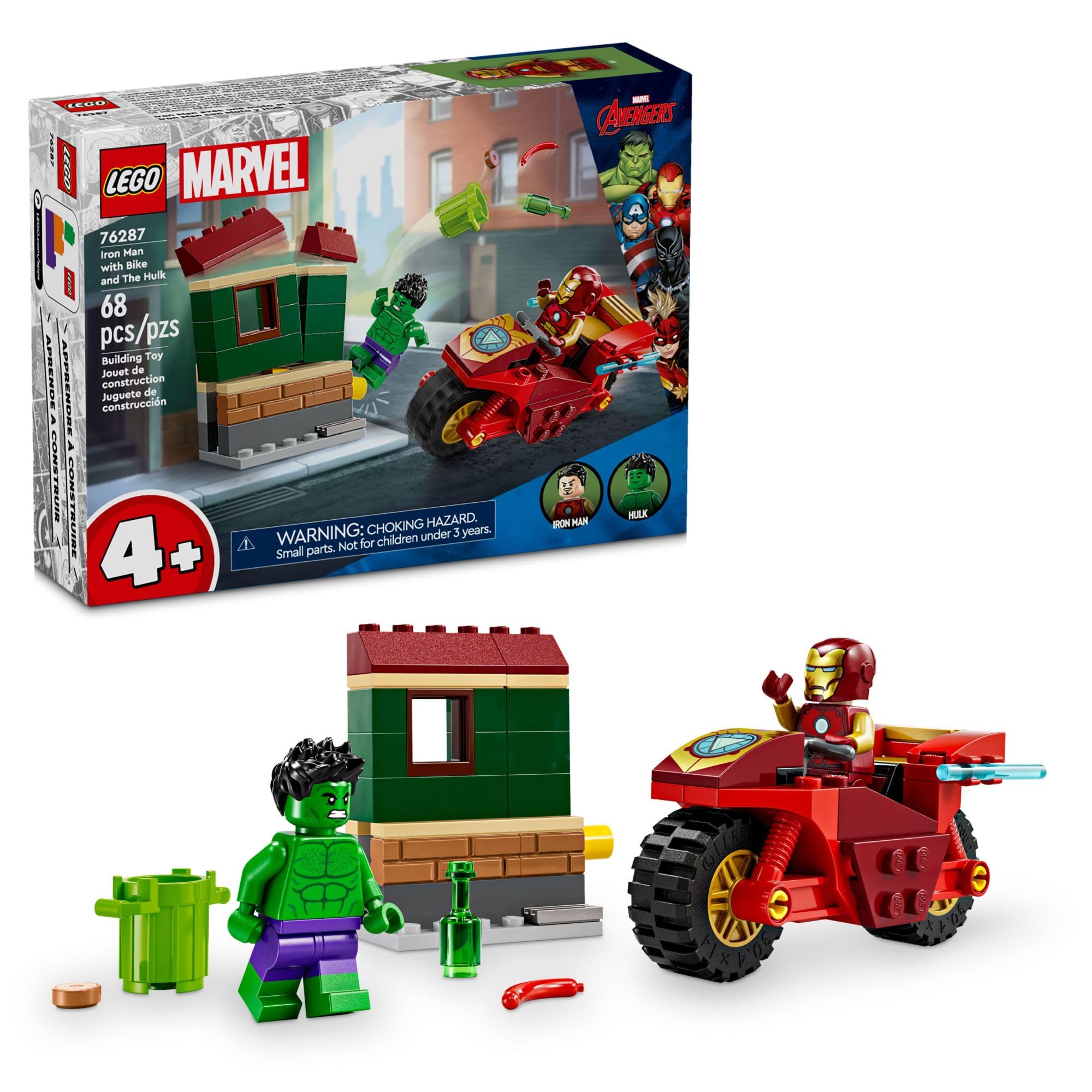 LEGO Marvel Iron Man & Hulk Building Set with Motorcycle Toy - 2 Minifigures, Easy Build Superhero Playset for Kids Ages 4+ (76287) - Perfect Gift for Birthday & Christmas | Superhero Role Play & Collectible Display