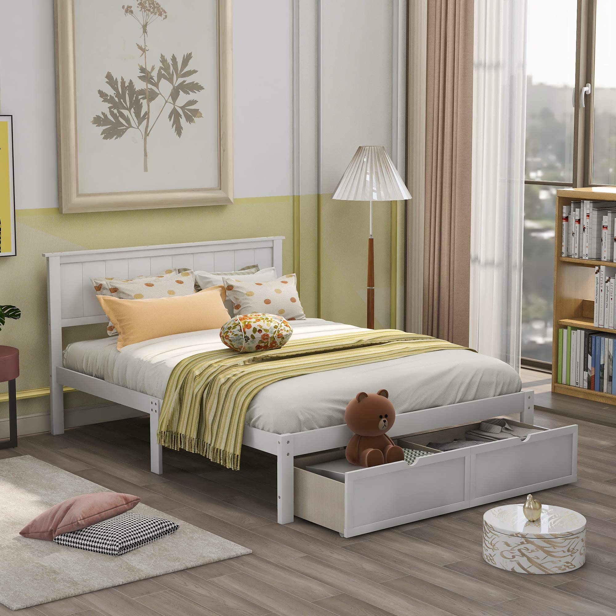 Modern Wood Platform Storage Bed with Headboard & Drawers - Bedroom, Apartment, Hotel Use