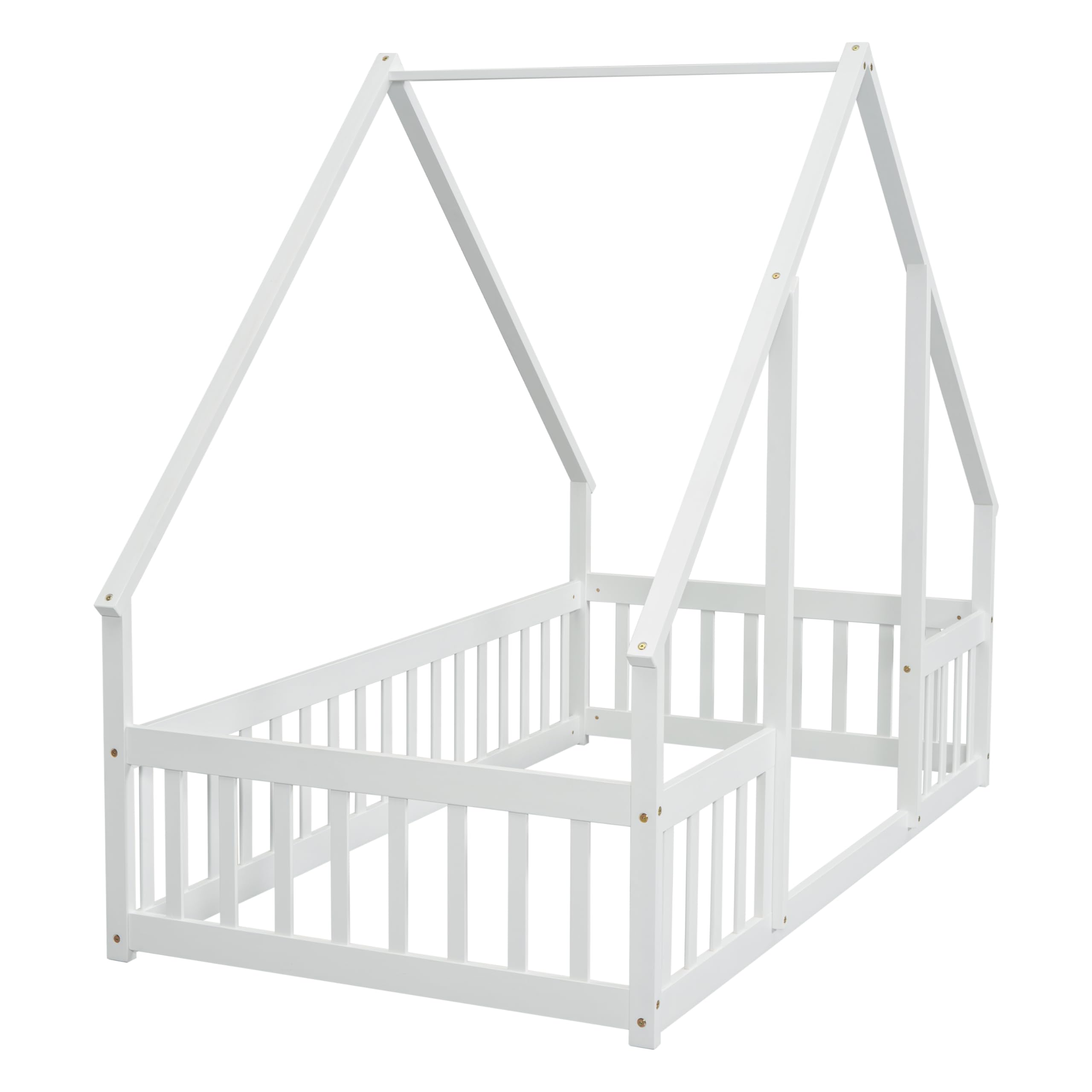 Montessori Twin Size House Bed for Kids - Wooden Floor Bed with Safety Fence Rails - White Bed Frame for Girls, Boys & Teens - Perfect for Playrooms, Bedrooms & Montessori Learning Spaces