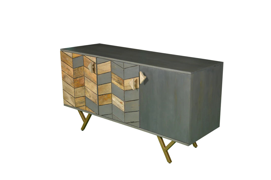 Gfine Solid Mango Wood & Iron Sideboard with 3 Doors - 137x45x73cm - Modern Storage Cabinet for Living Room, Dining Room, or Entryway