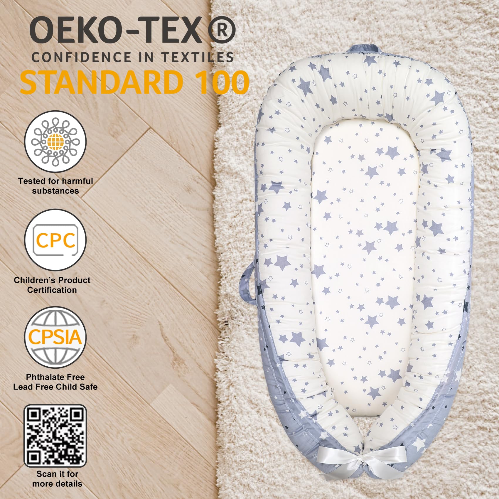 Premium Baby Lounger - Adjustable & Portable Infant Snuggle Lounger with Classic Star Design - Perfect for Newborns, Napping, Playtime & Baby Shower Gifts
