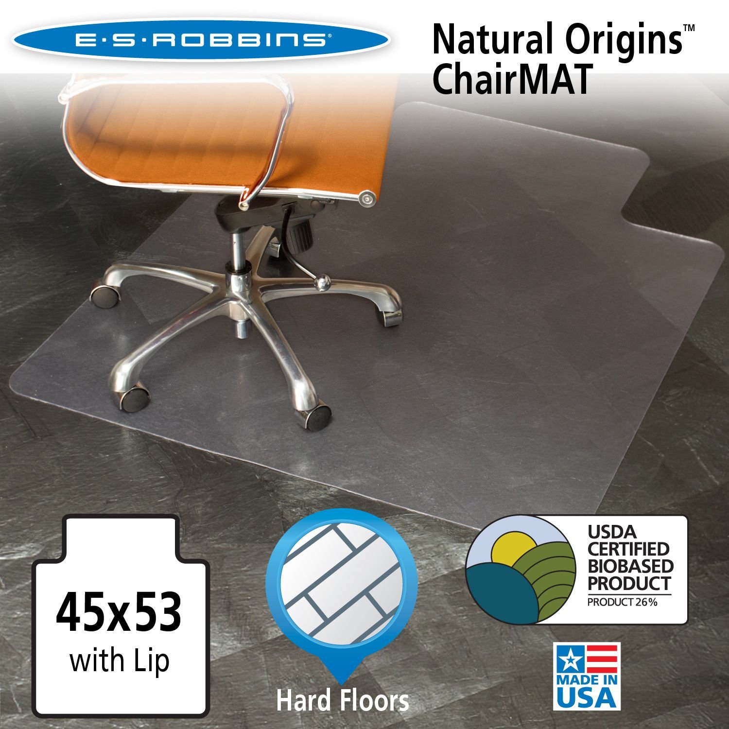 ES Robbins Natural Origins Chair Mat with Lip for Hard Floors - 53