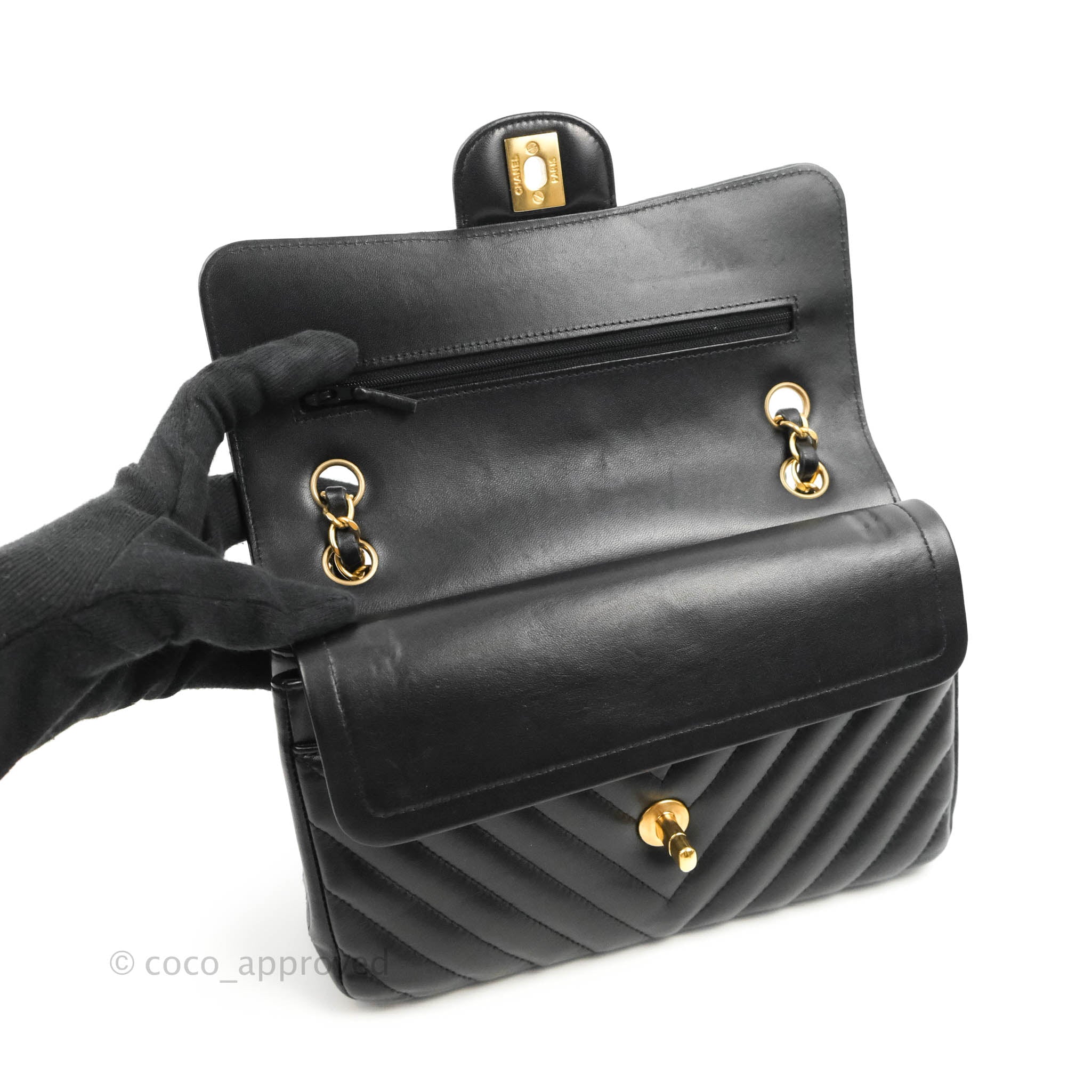Chanel Classic Chevron Small Medium Double Flap Bag Black Lambskin Leather with Gold Hardware - Luxury Crossbody Purse for Women, Perfect for Date Night & Special Occasions