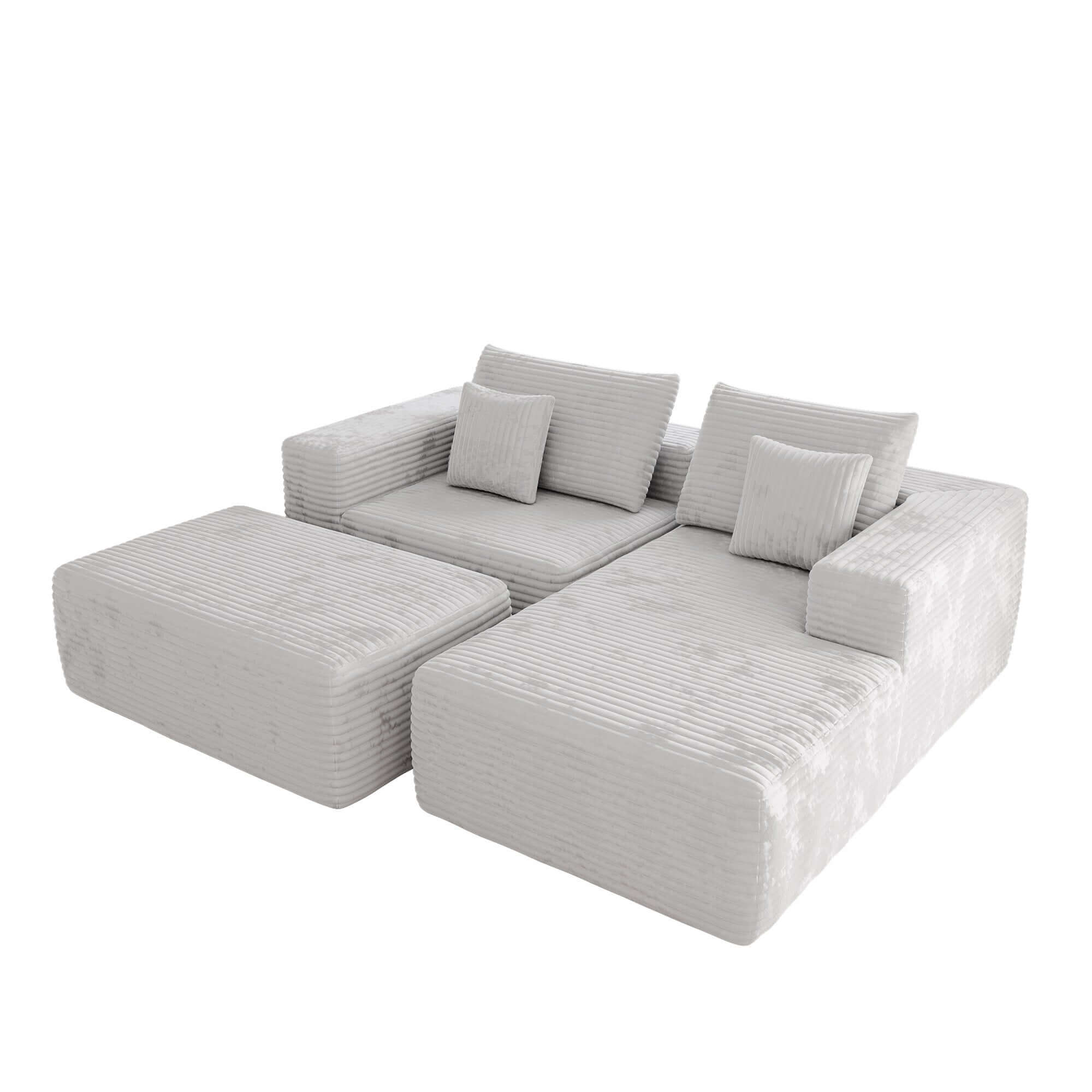 L-Shaped Beige Corduroy Sofa with Ottoman - Modern Comfortable Sectional Couch for Living Room, Lounge & Small Spaces