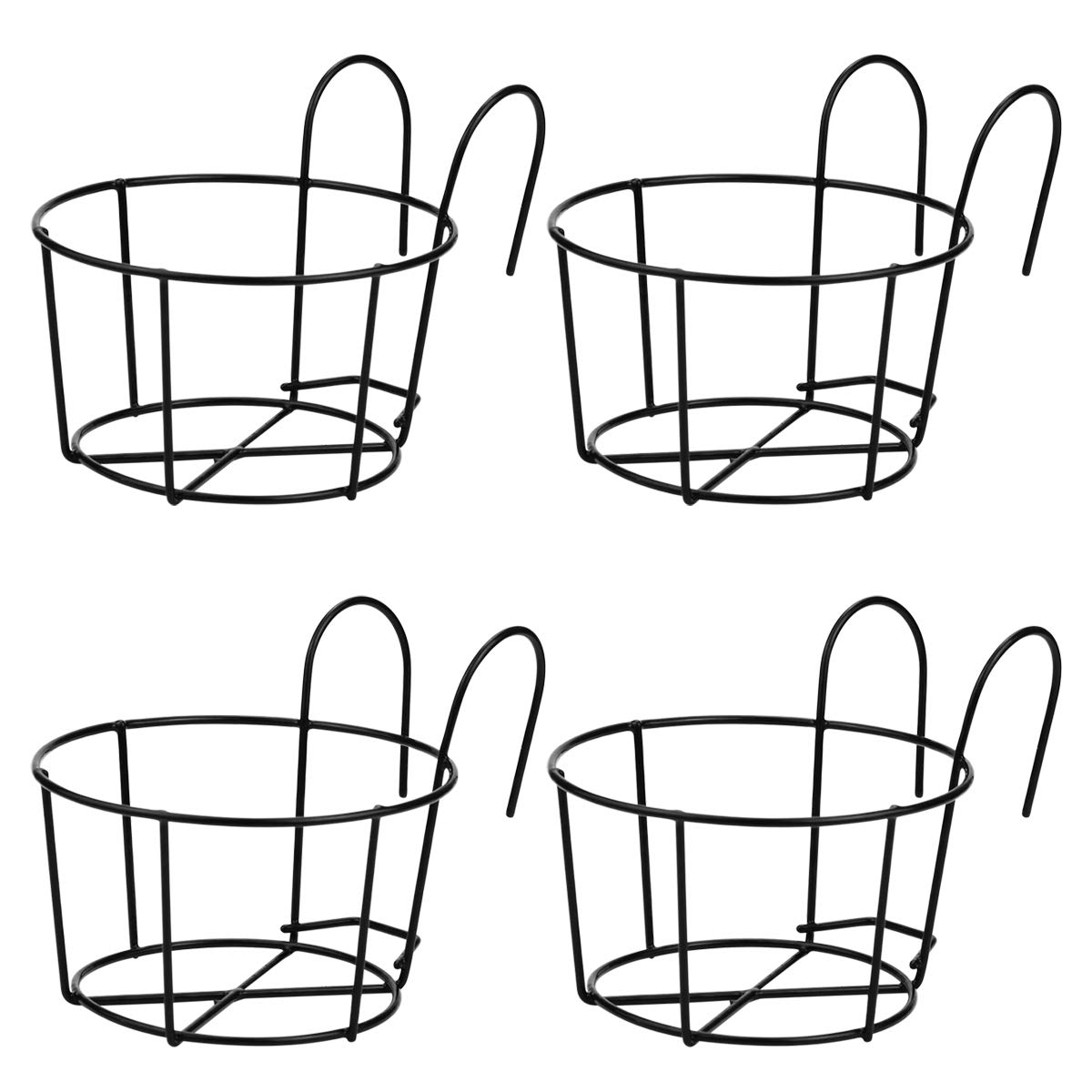 4 Pack Small Round Metal Hanging Railing Planters - Black Iron Flower Pot Holder Basket for Balcony, Garden, Indoor & Outdoor Decor - Perfect for Railings, Fences, and Patio Plant Display