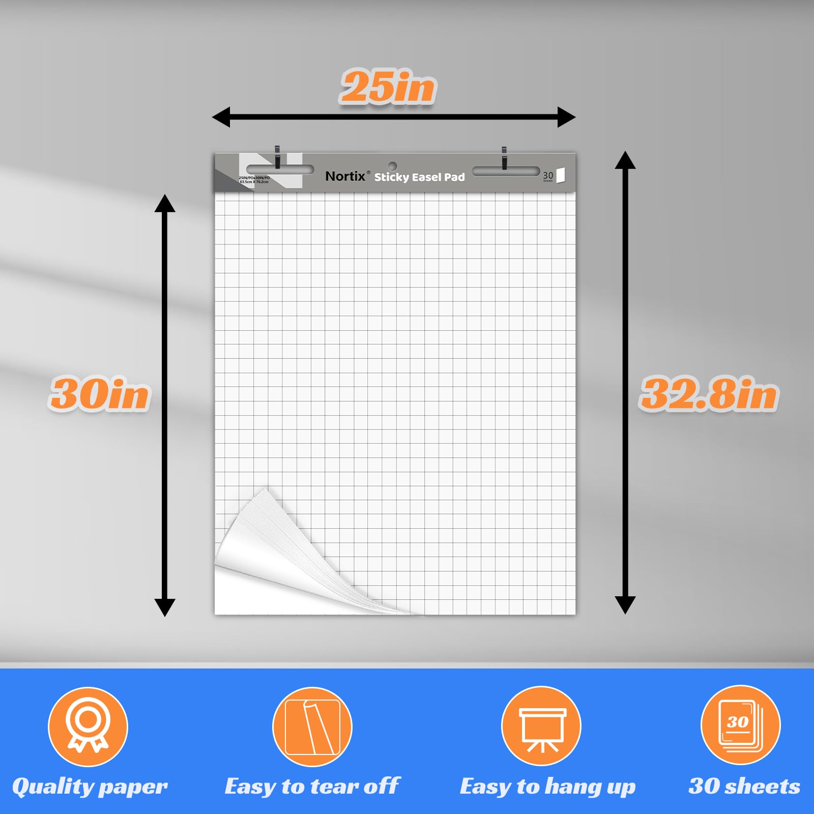 Nortix Sticky Easel Pad, 25x30 Inches Large Self Stick Grid Flip Chart Paper with Dry Erase Surface - 30 Sheets per Pad, 6 Pads for Office Meetings, Training Sessions, Brainstorming & Creative Doodling
