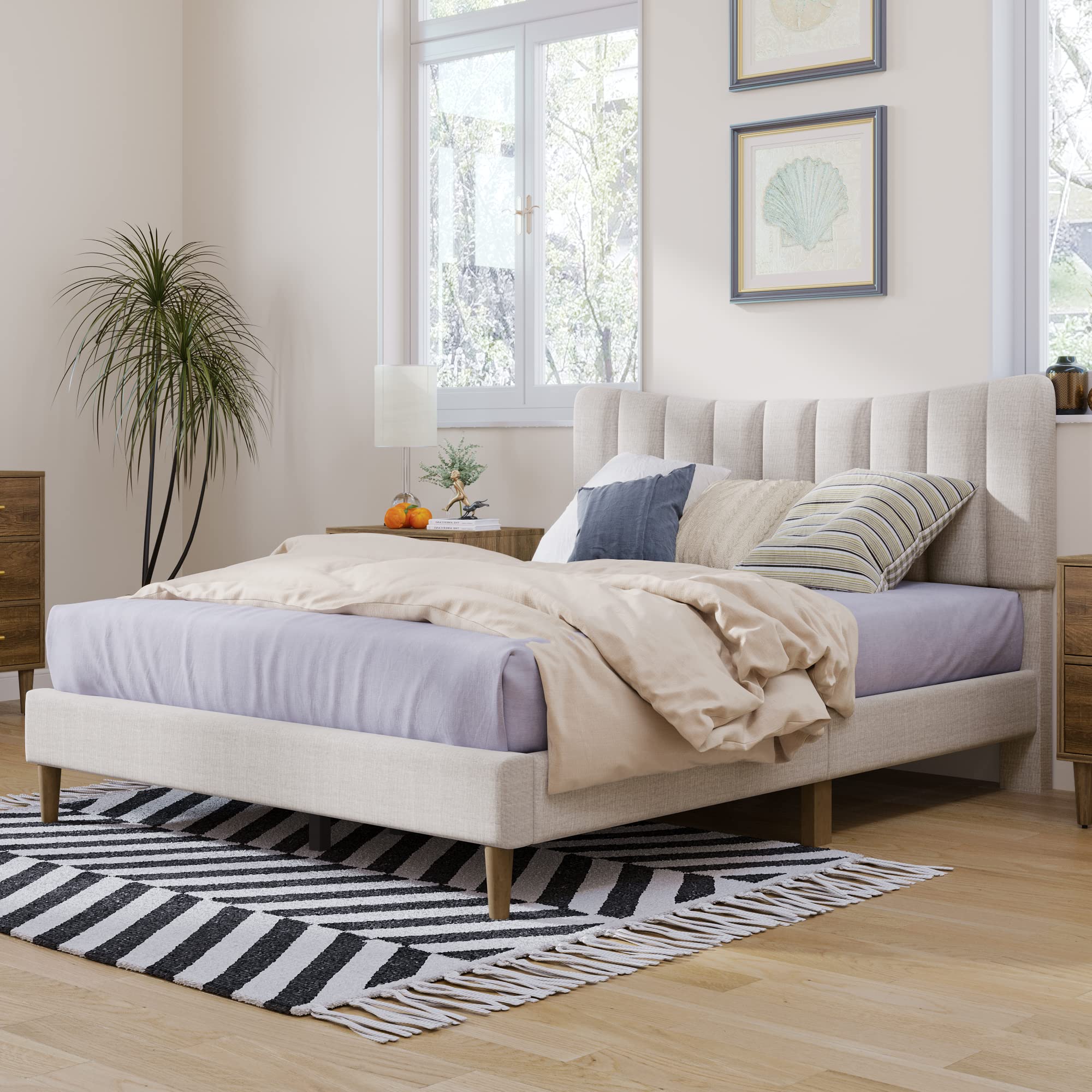 Modern Upholstered Queen Bed Frame with Tufted Headboard - Wooden Slat Support, No Box Spring Needed, Cream Platform Bed for Master Bedroom & Guest Room | Perfect for Contemporary Home Decor & Small Space Living