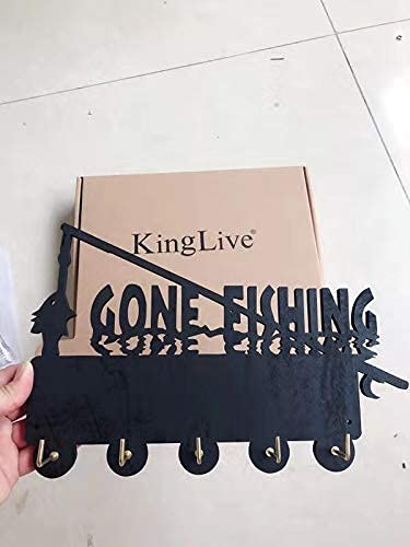 KingLive Wooden Wall Key Holder with 5 Metal Hooks - Black Fishing-Themed Key Organizer for Home & Office | Perfect Gift for Fishing Enthusiasts | Ideal for Entryway, Mudroom, or Cabin Decor