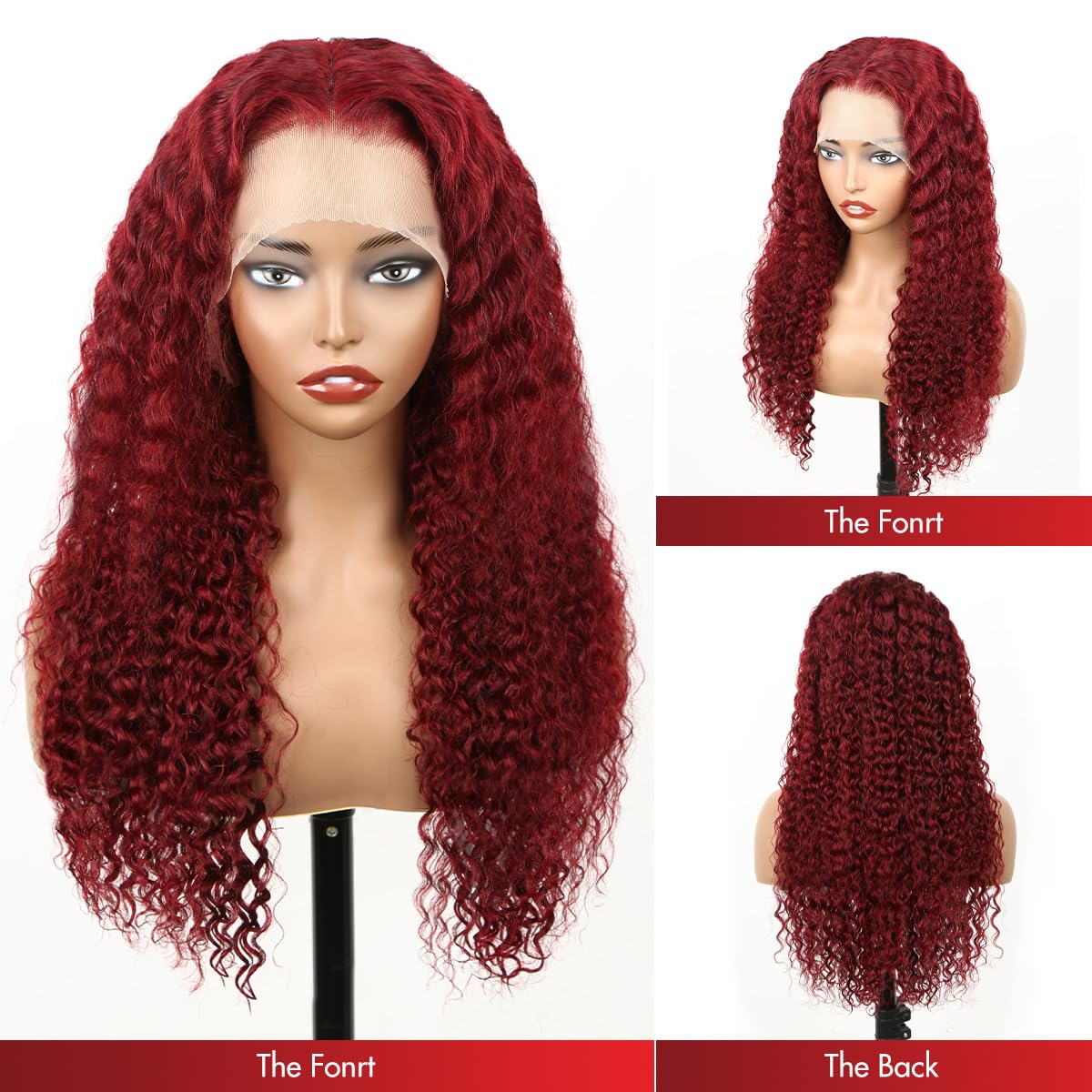 Burgundy 13x4 Lace Front Wig Human Hair 180% Density Water Wave Glueless Pre Plucked Bleached Knots 28 Inch - Natural Red Colored Curly Wig for Women | Perfect for Cosplay, Parties, Weddings & Daily Wear