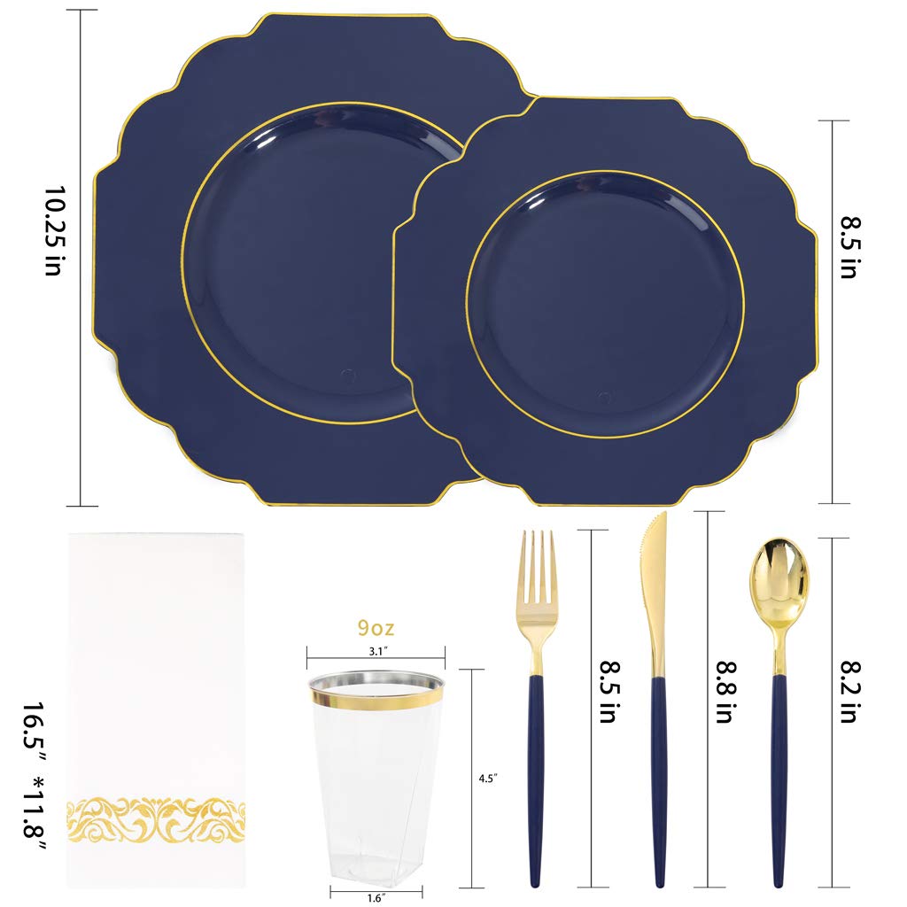 140-Piece Blue Plastic Dinnerware Set with Gold Silverware - Includes 40 Plates, 20 Forks, 20 Knives, 20 Spoons, 20 Cups & 20 Napkins - Elegant Blue & Gold Party Tableware for Weddings, Birthdays & Special Events