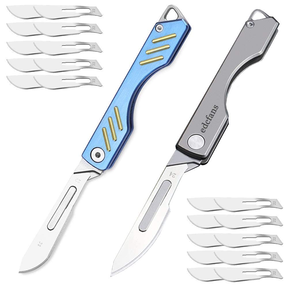 Premium Gray & Blue Titanium Folding Keychain Knife - 20 Replaceable Scalpel Blades Included | Compact EDC Tool for Camping, Hiking & Everyday Carry