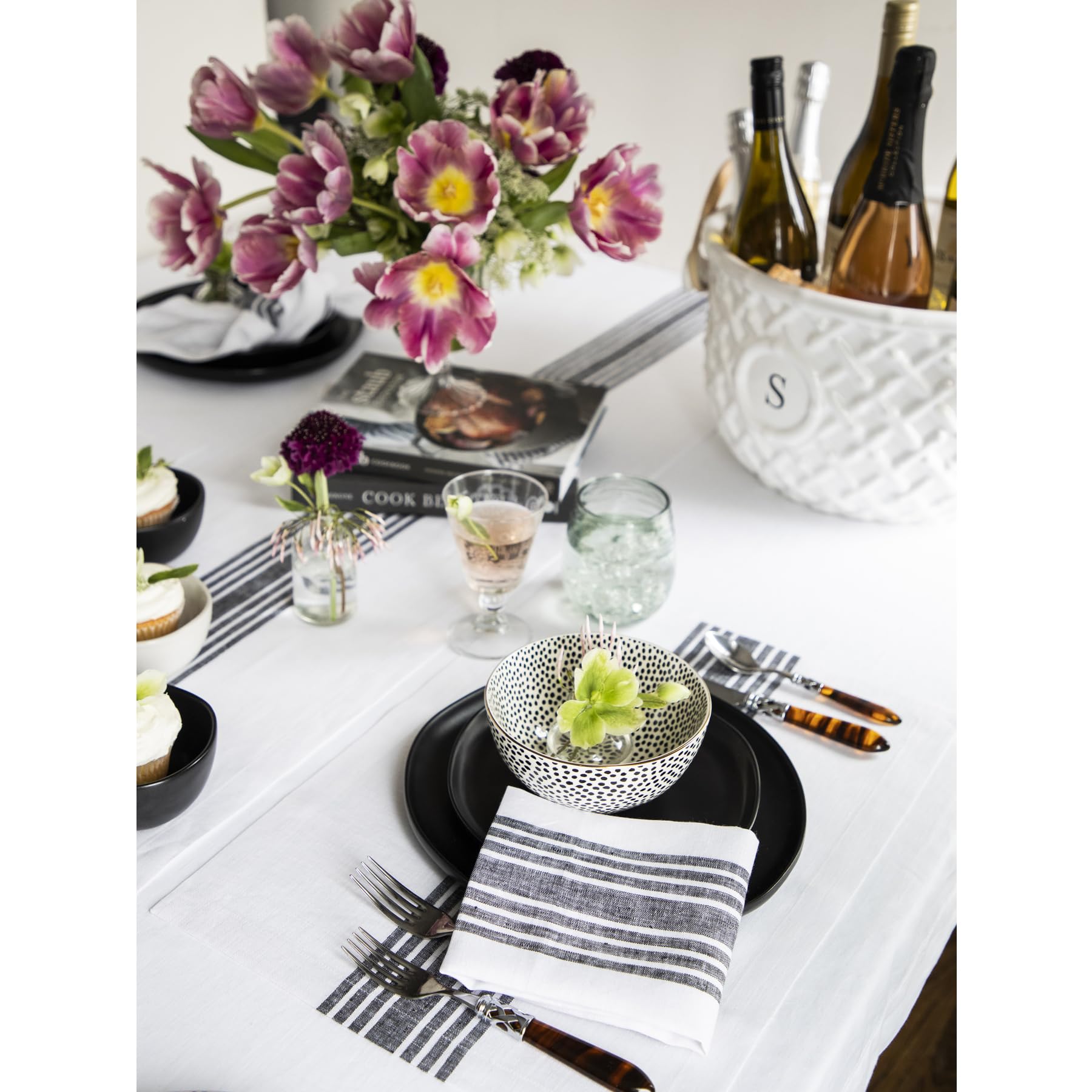 Solino Home Farmhouse Linen Placemats Set of 4 - 14x19 Inch 100% Pure Linen Stripe Black & White Washable Table Mats - Perfect for Spring Decor, Mothers Day Gifts, Easter Dinner & Everyday Dining