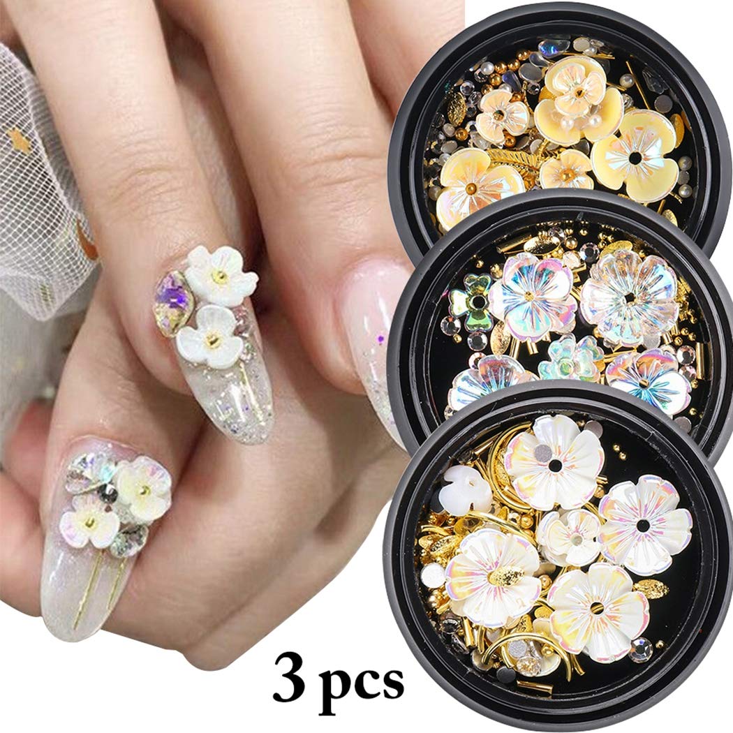 Anjetan 3D Flower Nail Rhinestones - Mixed Metal Nail Studs & Gems for Nail Art Decoration | DIY Creative Nail Charms for Manicure, Wedding, Party & Salon Use