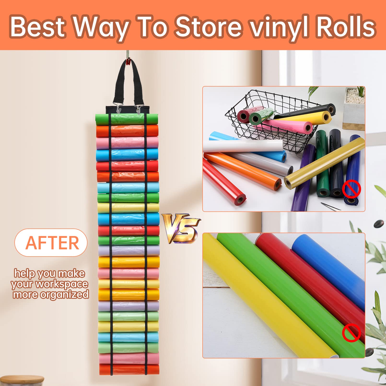 Vinyl Roll Holder & Storage Organizer - 48 Compartments Wall Mount/Over Door Hanging Rack for Craft Vinyl & Gift Wrap - Perfect for Home Craft Room Organization & DIY Projects