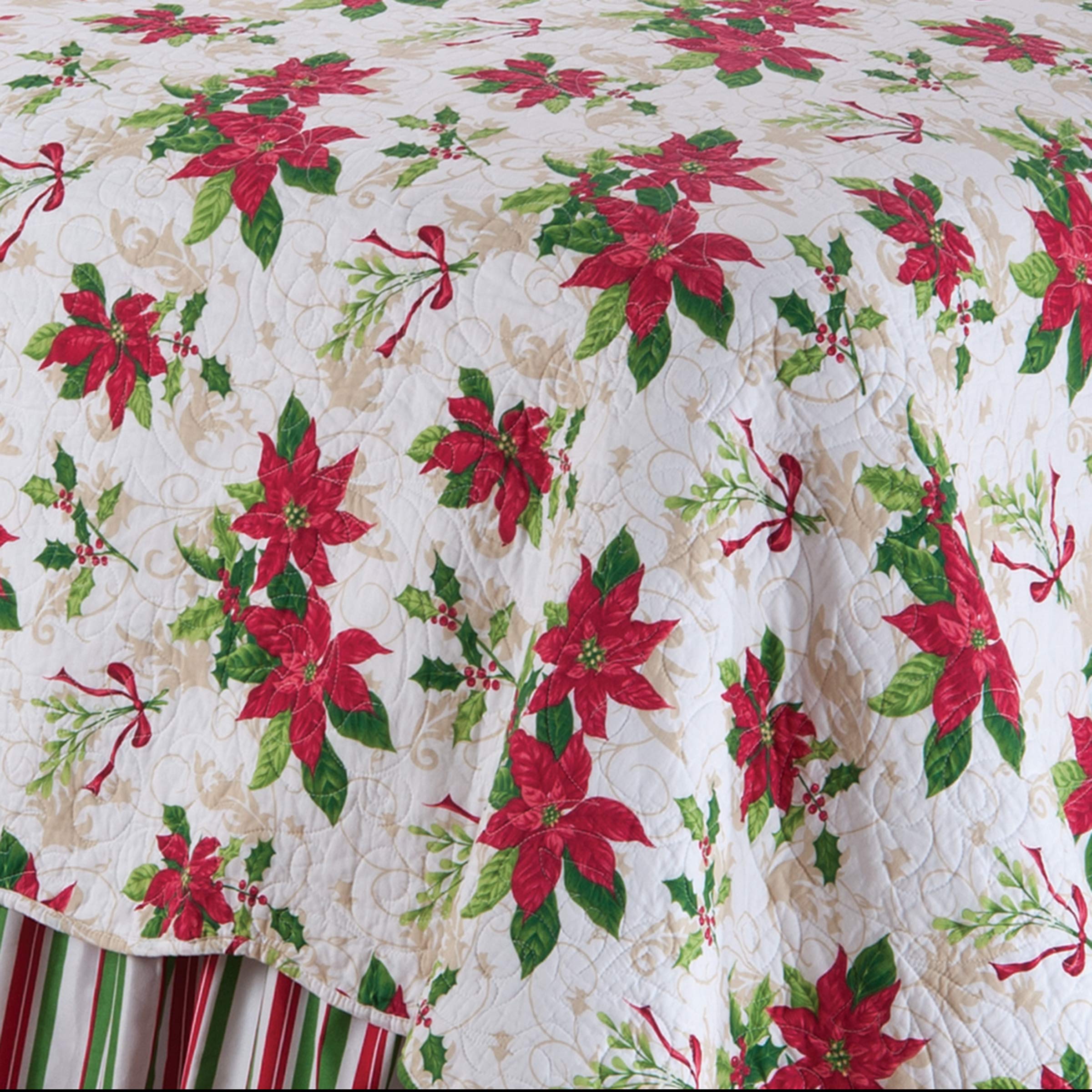 C&F Home Holly Poinsettia 3-Piece Quilt Set - 100% Cotton Lightweight Reversible Bedspread Coverlet | Full/Queen Size | Machine Washable White Comforter | Perfect for Christmas Decor, Guest Rooms & Cozy Bedroom Makeovers
