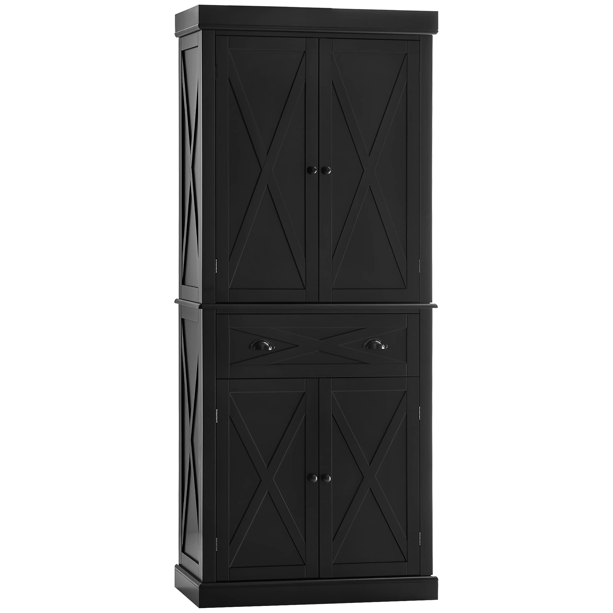 HOMCOM 72 Inch Freestanding Kitchen Pantry Cabinet with 4 Doors, 3 Adjustable Shelves & Large Drawer - Black X-Frame Storage Cupboard for Dining Room, Kitchen Organization & Home Decor