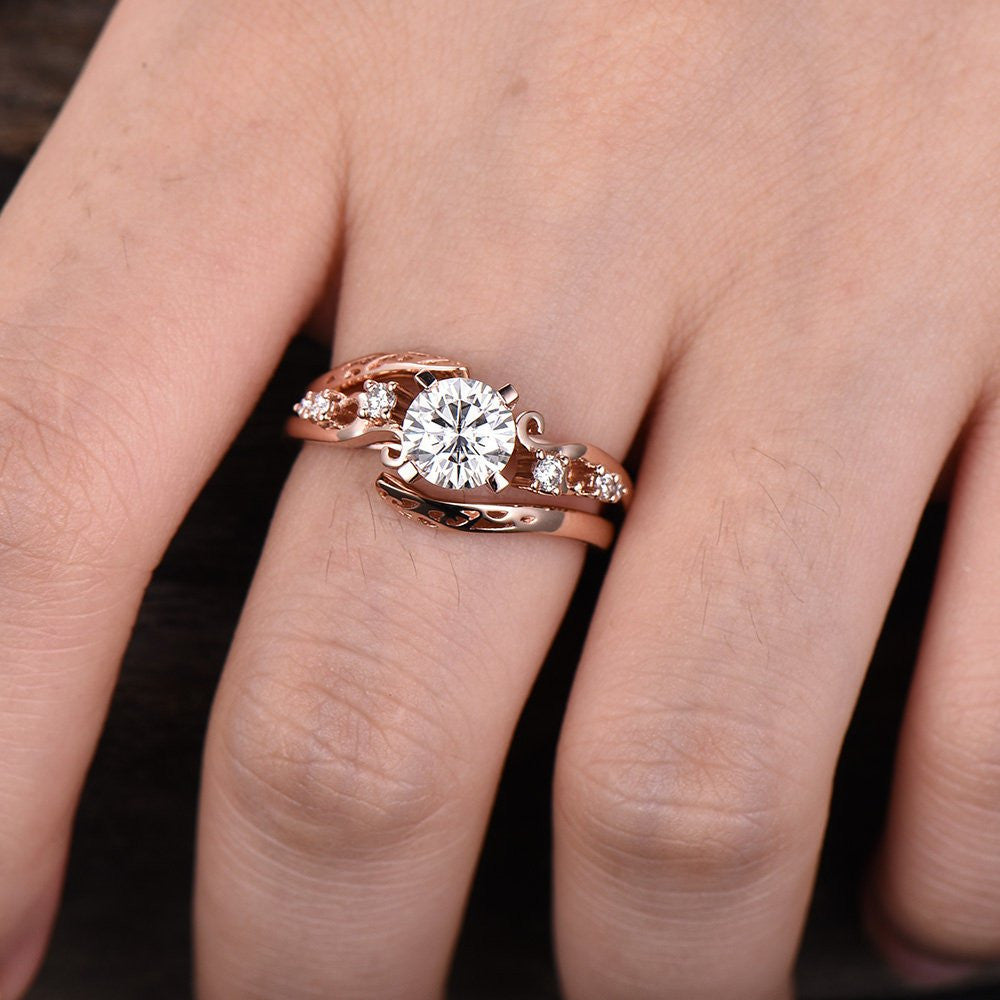 Forever One Moissanite Engagement Ring & Wedding Set - 14K Rose Gold Art Deco Bridal Ring with Antique Curve Open Band | Perfect for Proposals, Anniversaries & Vintage-Inspired Weddings