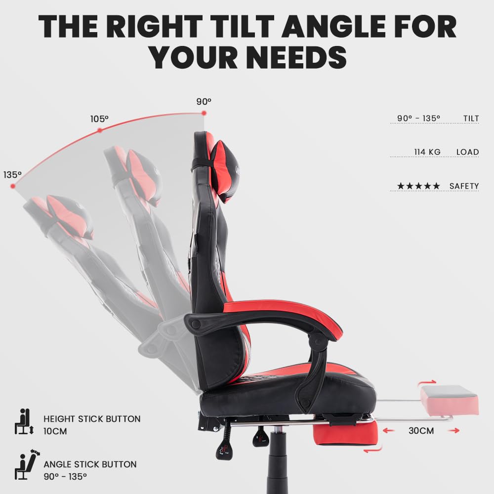 Ergonomic Gaming Chair with Massage & Footrest - Adjustable PC Game Chair with Comfortable Headrest, High Back Support, 300LBS Capacity - Perfect for Esports, Office Work & Home Gaming Setup (Black Red)
