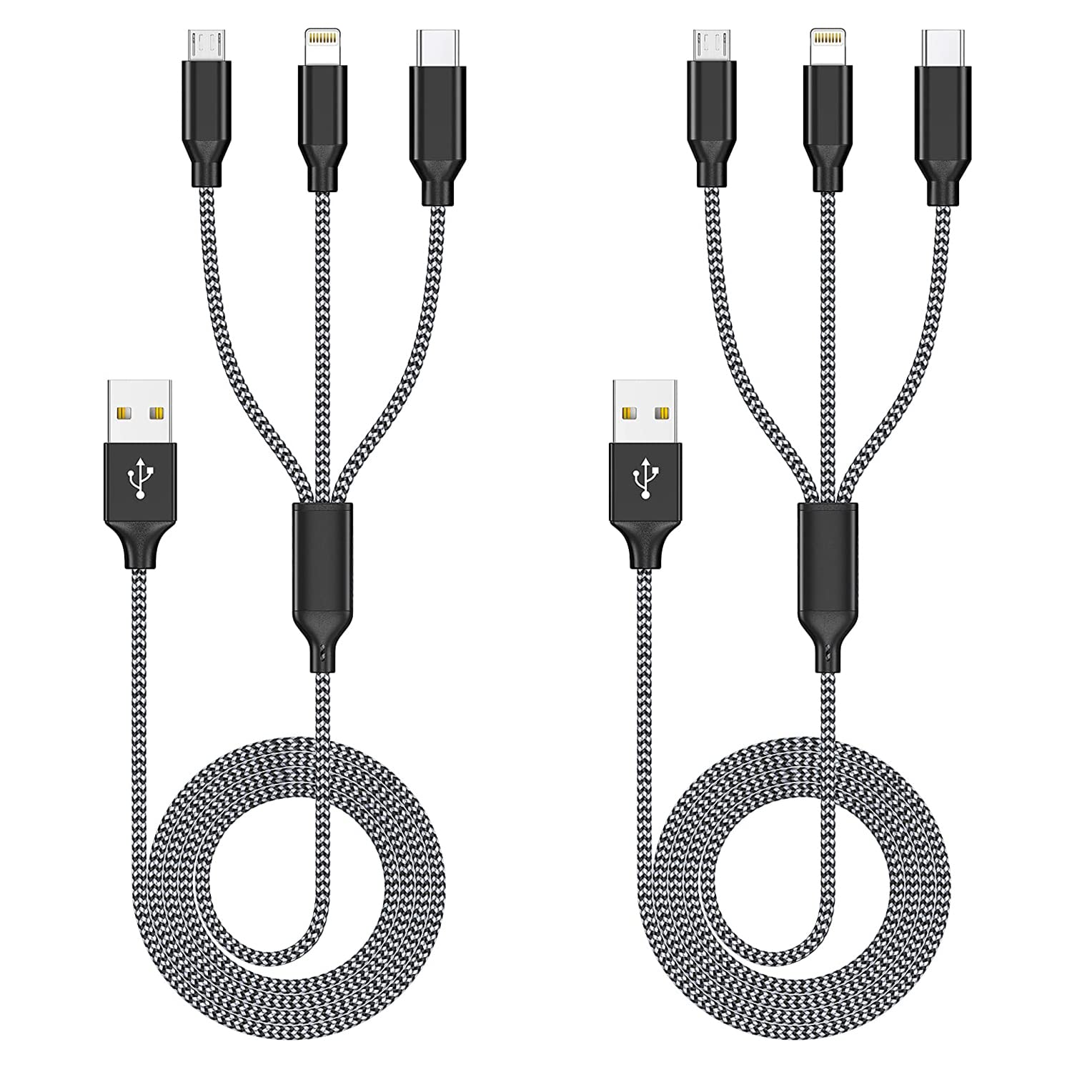 Premium 3-in-1 Nylon Braided Lightning Cable - Fast Charging USB Cable with Type-C, Micro USB & Lightning Port for iPhone 14/13/12/11/X/8, iPad, Samsung - Durable Charger Cord for Home, Office & Travel (2 Pack)