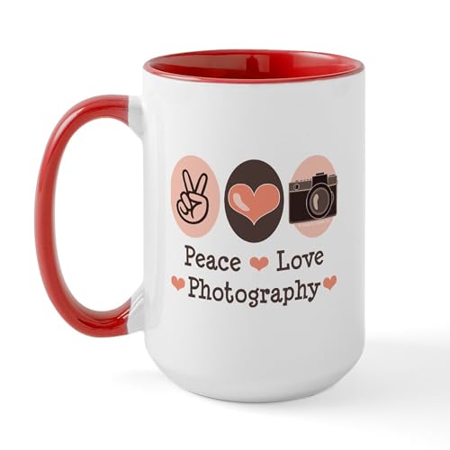 White/Red Inside - Peace Love Photography Camera Large Mug