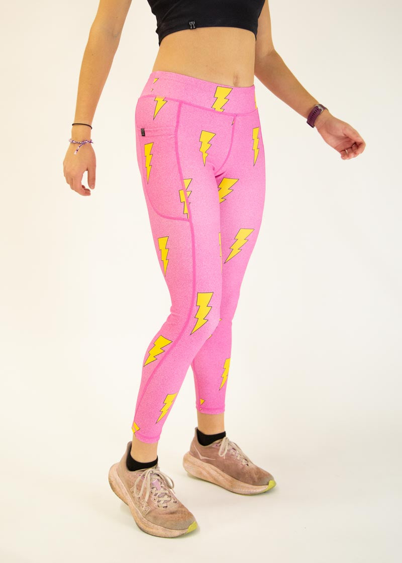 Women's High Waisted Pink Bolts Print Yoga Leggings - Soft Stretchy Workout Pants for Running, Gym & Lounge Wear