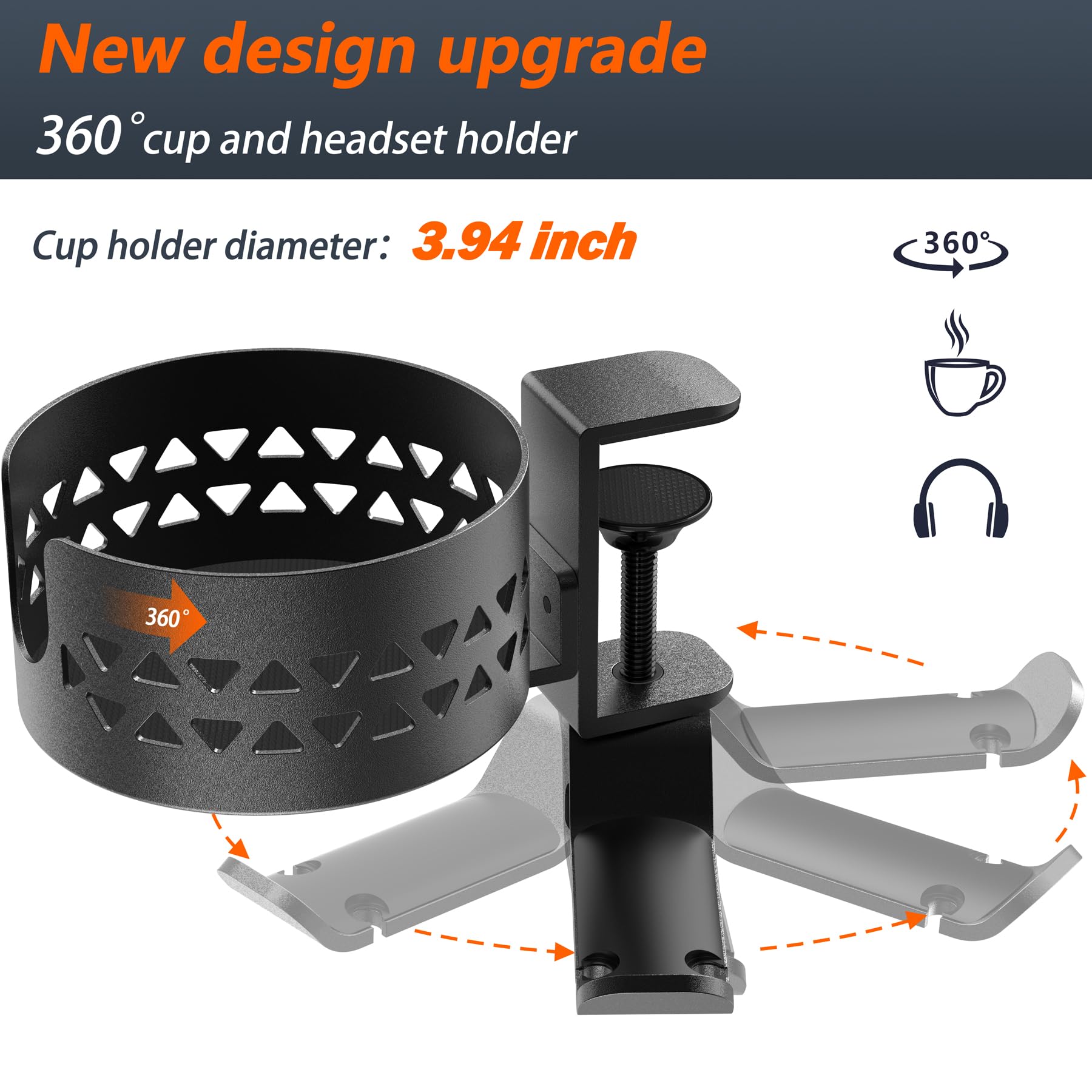 360° Rotating Under Desk Cup Holder & Headphone Hanger - Metal Clamp-on PC Gaming Desk Accessory for Coffee Mugs, Water Bottles & Headsets - Anti-Spill Design for Office, Home & Gaming Setup