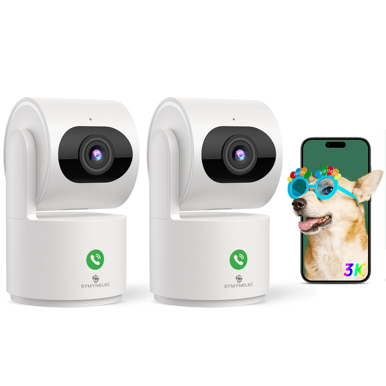 SYMYNELEC 3K Indoor Security Camera - 2.4G WiFi Wireless Baby Monitor with Night Vision & Phone App - Smart Pet/Dog/Kids Monitoring Camera for Home, Nursery & Room (2-Pack) - Perfect for Baby Watching, Pet Care & Home Surveillance