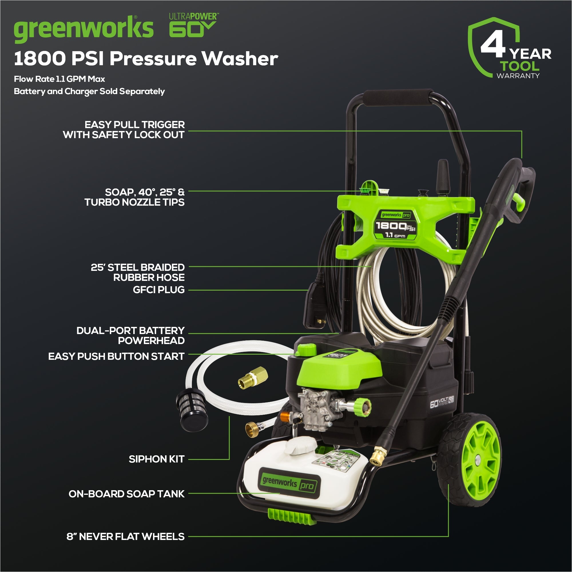 60V Hybrid 1800 PSI 1.1 GPM Cold Water Electric Pressure Washer - Powerful Cleaning Tool for Driveways, Decks, Patios & Outdoor Surfaces
