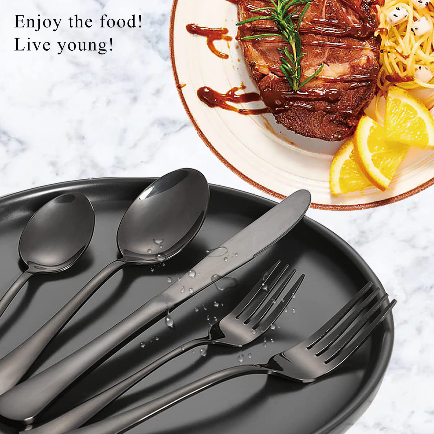 Premium 16-Piece Stainless Steel Cutlery Set - 8 Black Forks & Spoons (8