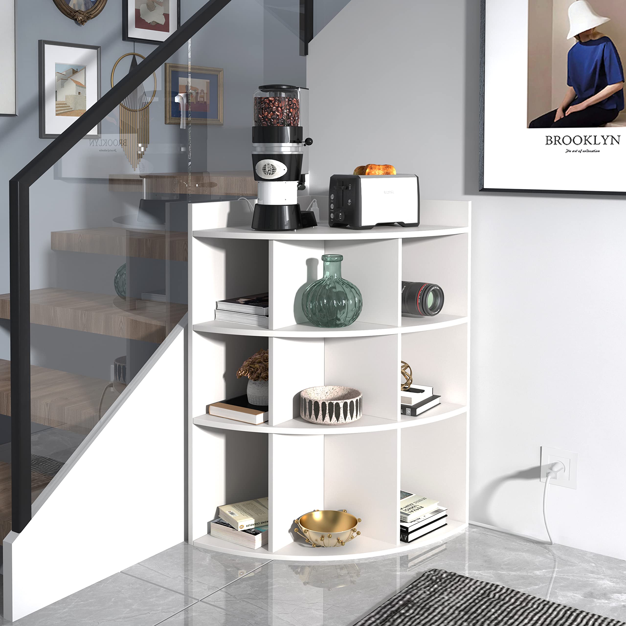 White 9-Cube Wooden Corner Cabinet Organizer with Charging Station - Multi-Purpose Toy Storage & Bookshelf for Playroom, Living Room, Bedroom - Space-Saving Corner Shelf for Home Organization