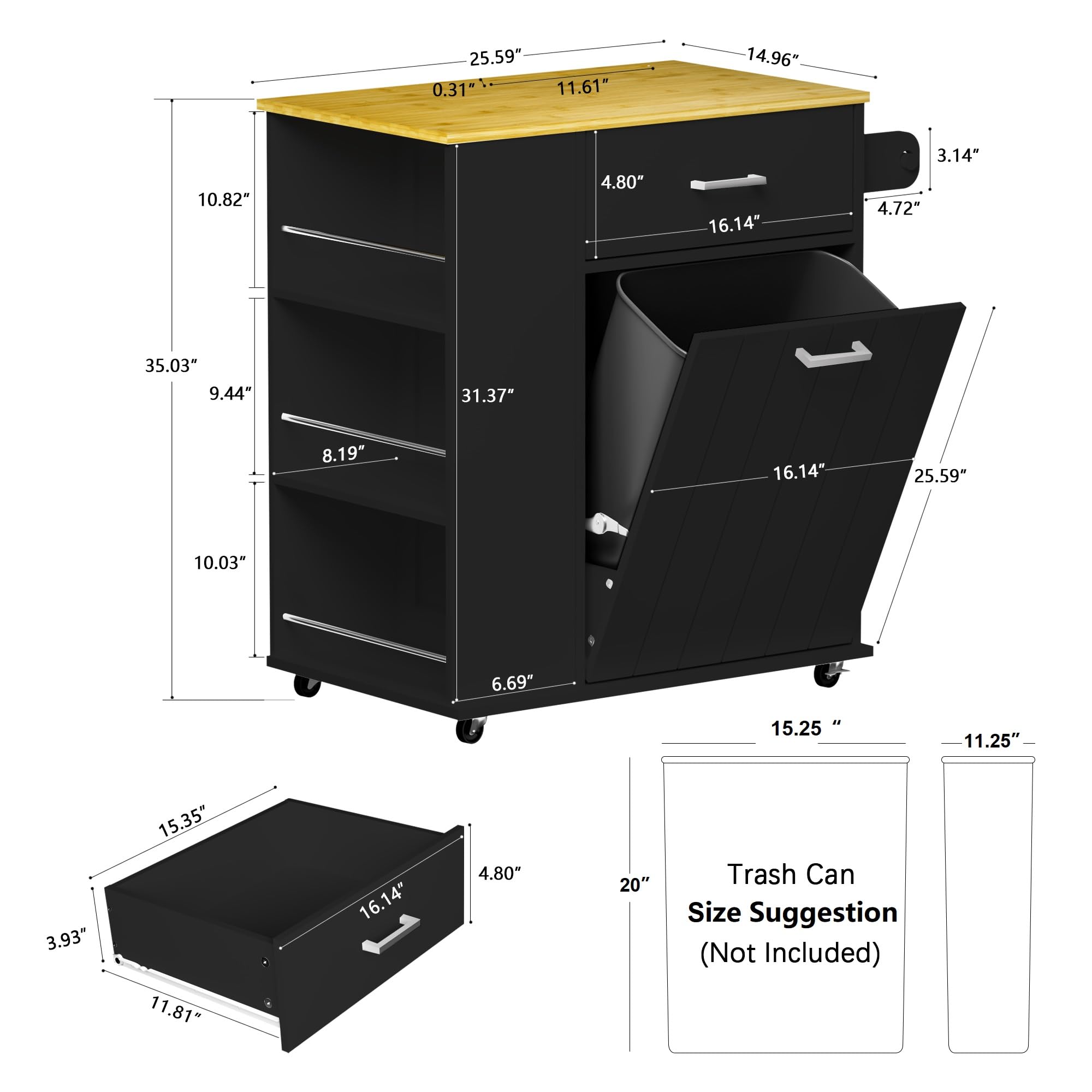 **Portable Rolling Kitchen Island with Trash Can Storage & Spice Rack - Mobile Kitchen Cart on Wheels with Towel Rack, Drawer & Tilt-Out Cabinet - Perfect for Small Kitchens, Apartments & Cooking Prep**