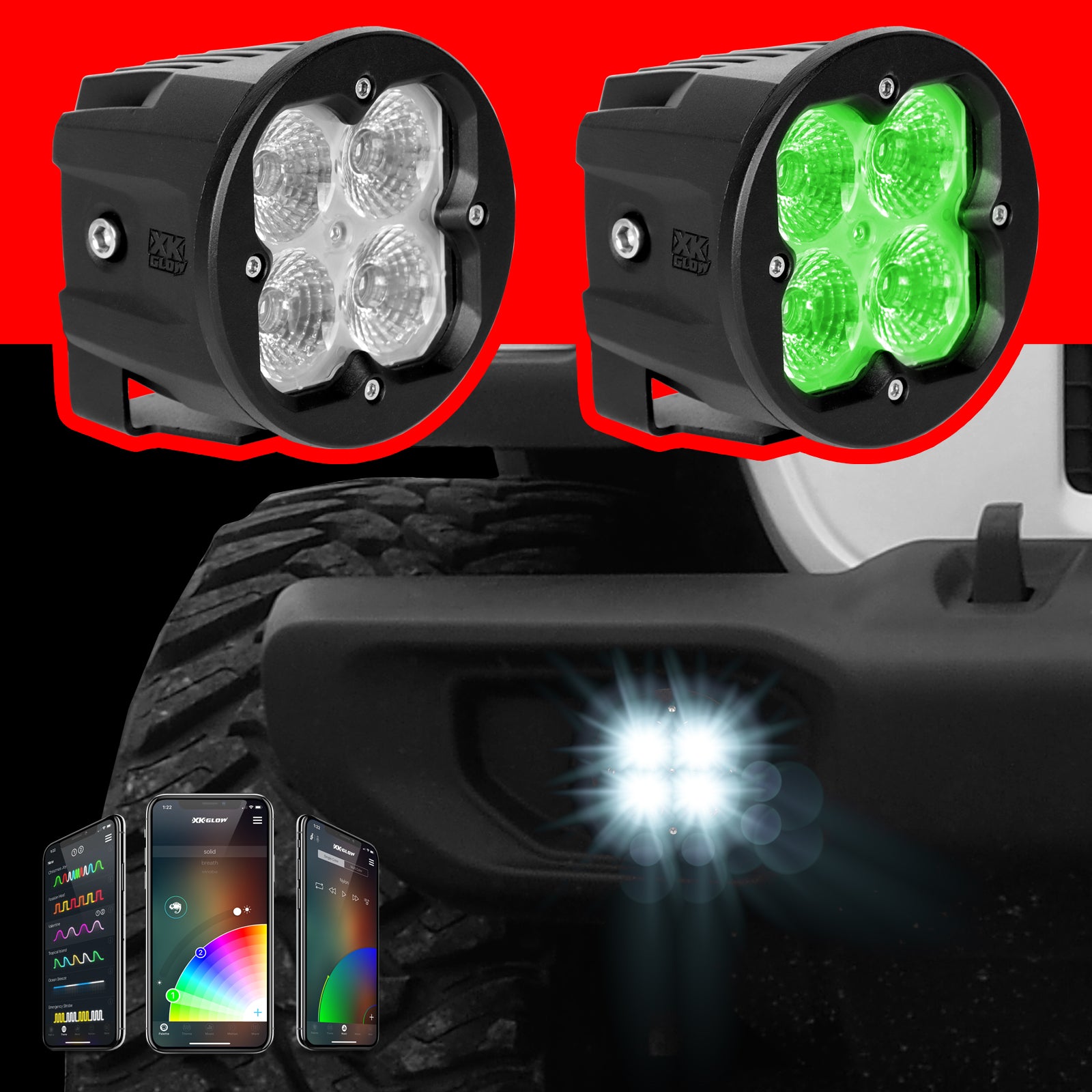 20W RGB Pod Lights with Spot Beam - Waterproof Off-Road LED Light Bar for Trucks, ATV, UTV, Boats - Multi-Color Changing for Outdoor Adventures, Camping, and Night Driving