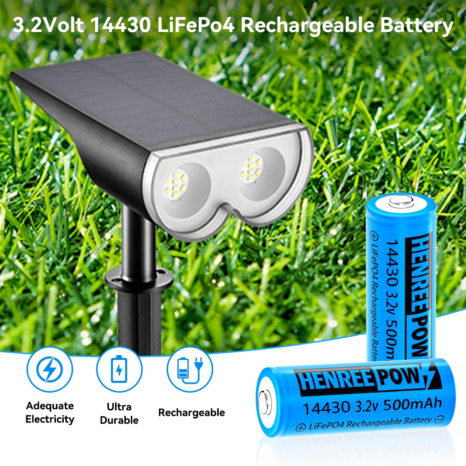 Henreepow 14430 LiFePo4 3.2V 500mAh Rechargeable Solar Batteries (2-Pack) - Long Lasting LiFePO4 Battery for Solar Garden Lights, Shavers, Flashlights | Perfect for Outdoor Lighting, Emergency Power & Portable Devices