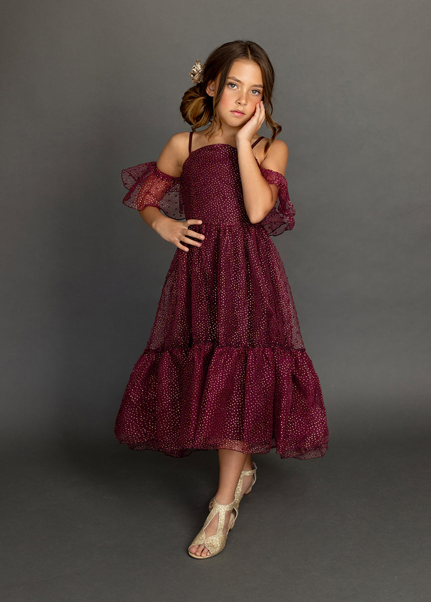 Chloe Burgundy Polka Dot Dress for Women - Elegant Floral Print Party Dress for Evening, Wedding, and Special Occasions