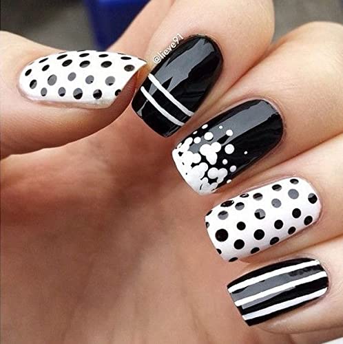 Black & White Nail Polish Set for Women - Long Lasting Glossy Enamel with Quick Dry Formula | Latex-Free Nail Art Paints for Daily Use | Includes 2 Pack Nail Stickers | Perfect for Home Manicures, Salon Looks & Gift Giving