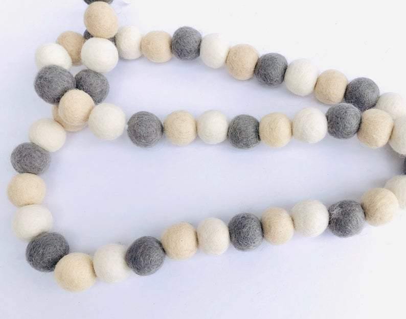 Neutrals Felt Ball Garland - Handmade Wool Decoration for Nursery, Wedding, Party & Home Decor - Perfect for Baby Showers, Christmas Tree, Wall Hanging and Boho Style Room