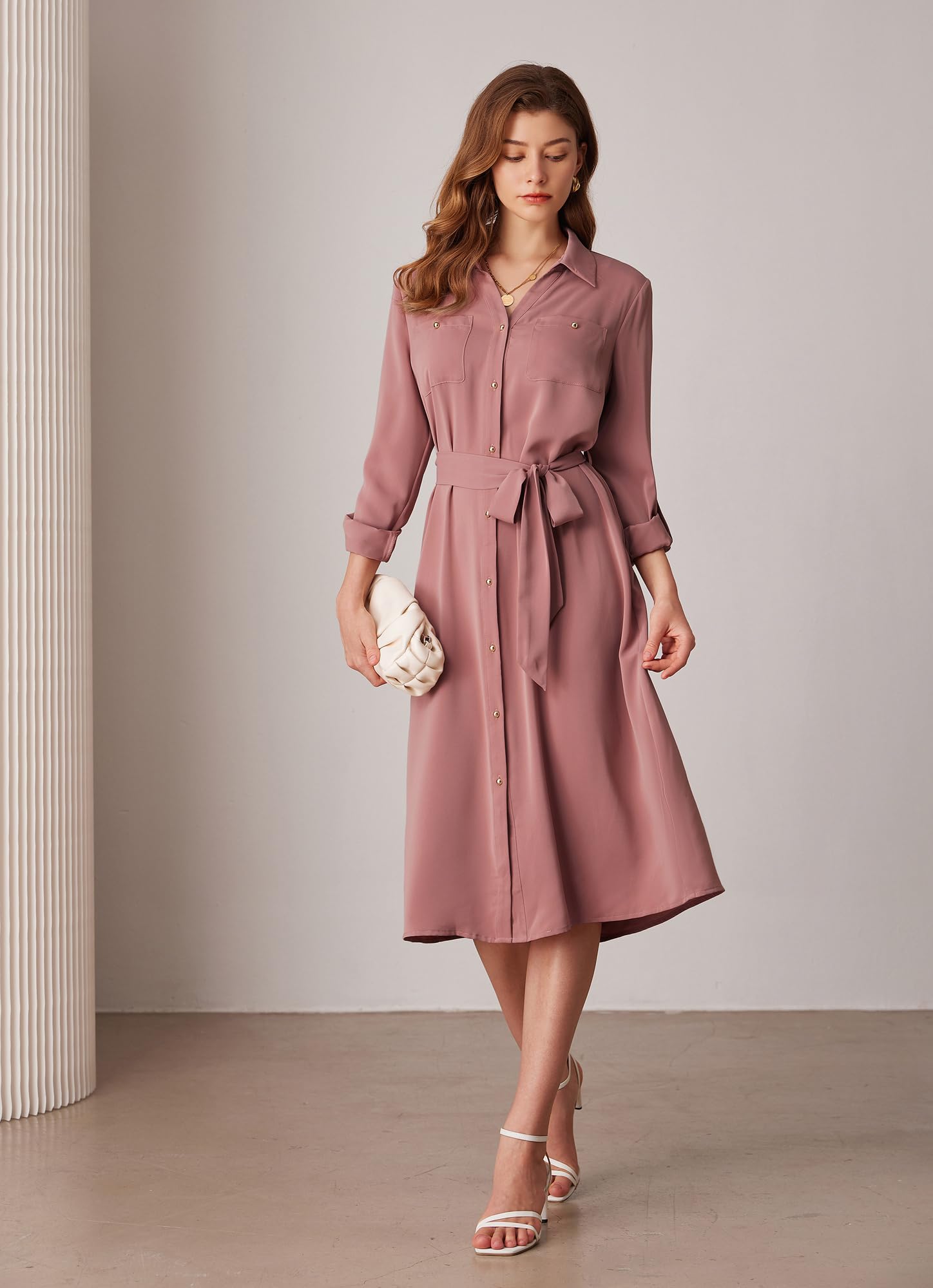 GRACE KARIN Women's Long Sleeve Button Down Shirt Dress - Casual Loose Fit Midi Dress with Adjustable Waist Tie & Sleeve Length | Perfect for Office, Date Night & Spring Outfits
