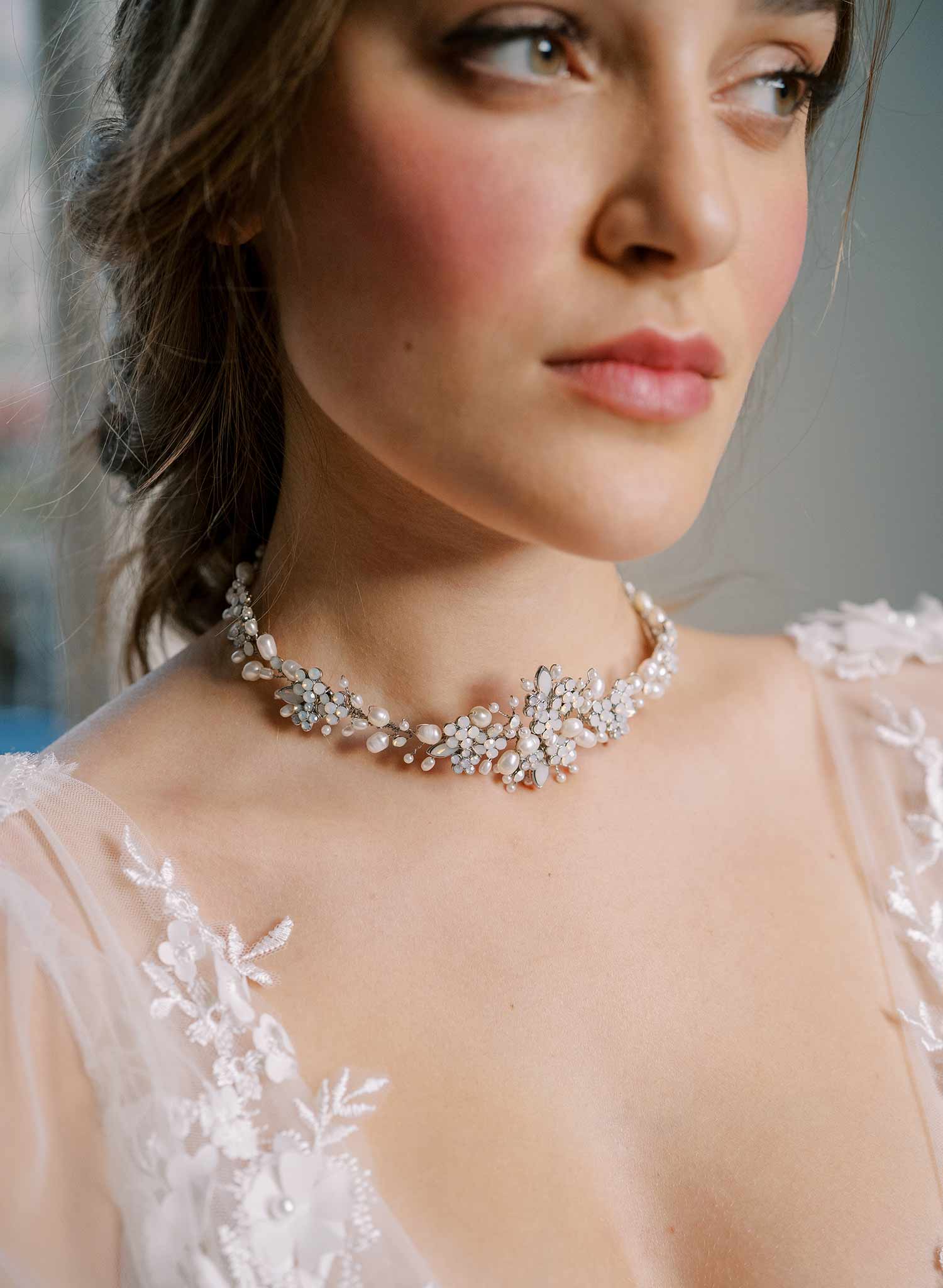 Clustered Pearl and Opal Bridal Choker Necklace - Elegant Wedding Jewelry for Bride, Bridesmaid & Special Occasions | Style #2481