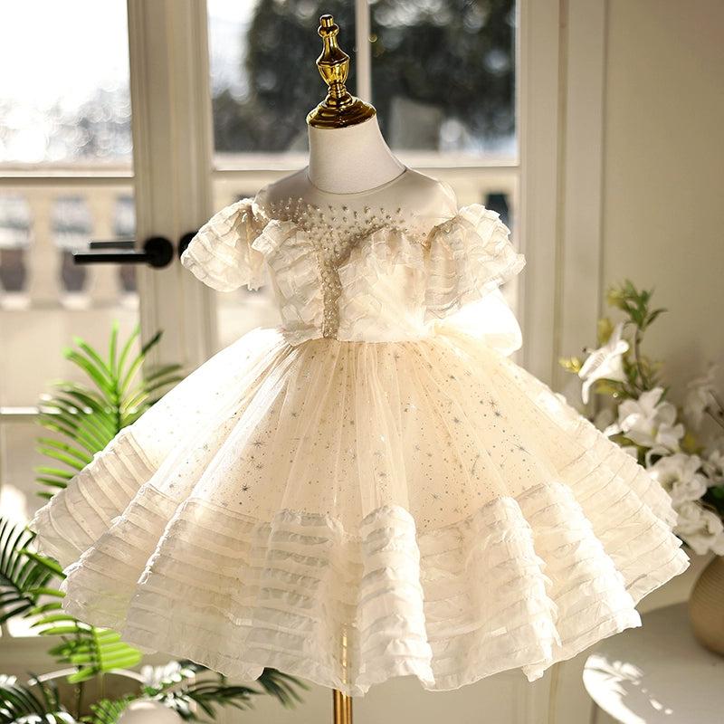 Elegant Champagne Lace Flower Girl Dress with Ruffles & Beading - Perfect for Weddings, Baptisms & Special Occasions