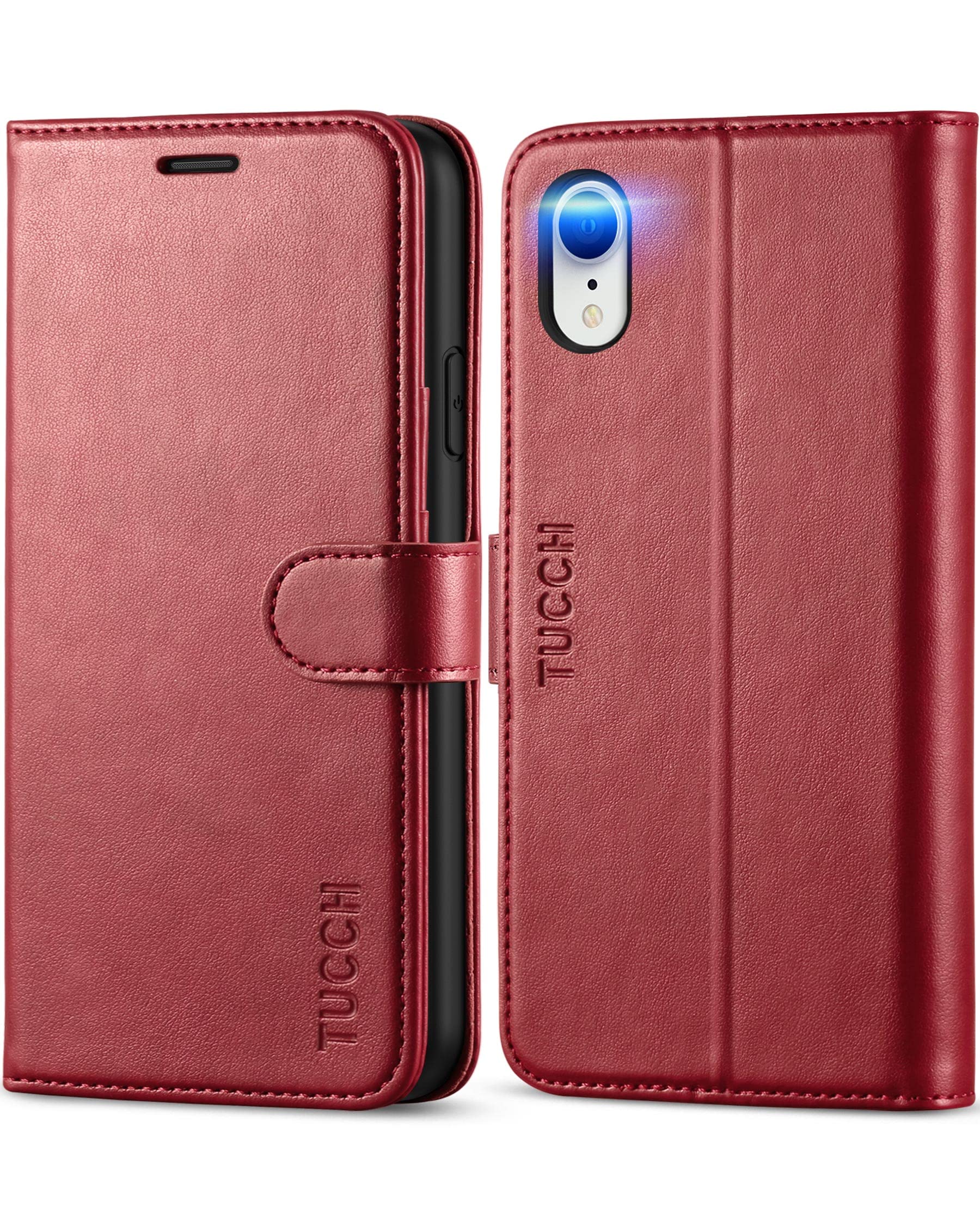 Premium PU Leather iPhone XR Wallet Case with Kickstand - RFID Blocking Credit Card Slots & Wireless Charging Compatible | Shockproof TPU Shell Protection | Perfect for Business Travel & Daily Use (Dark Red)