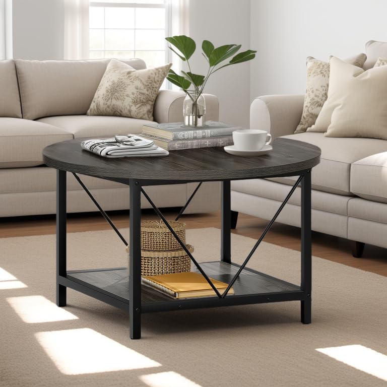 YITAHOME Modern Round Coffee Table with Storage - 2 Tier Wooden Circle Center Table with Metal Frame, Gray - Perfect for Living Room, Small Spaces & Home Decor