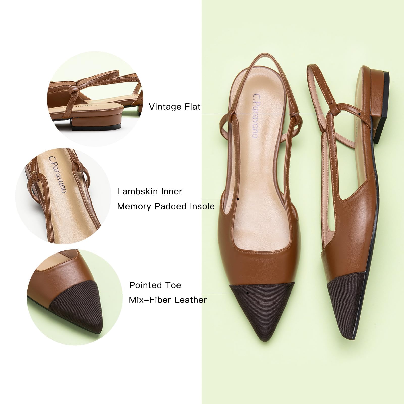 C.Paravano Women's Pointed Toe Slingback Flats - Comfortable Low Heel Sandals & Slip-On Dress Shoes for Work, Office, Wedding, Date Night & Evening Parties | Elegant Casual & Formal Women's Shoes