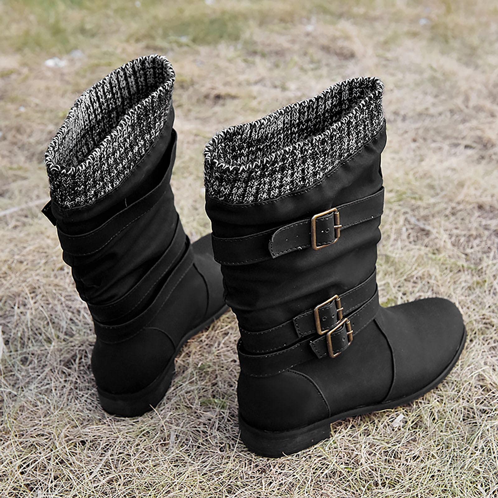 oiangi Women's Winter Fashion Boots - Round Toe Buckle Strap Chunky Heel Slip-On Mid Calf Boots - Retro Comfortable Casual Ladies Shoes for Daily Wear, Office & Outings