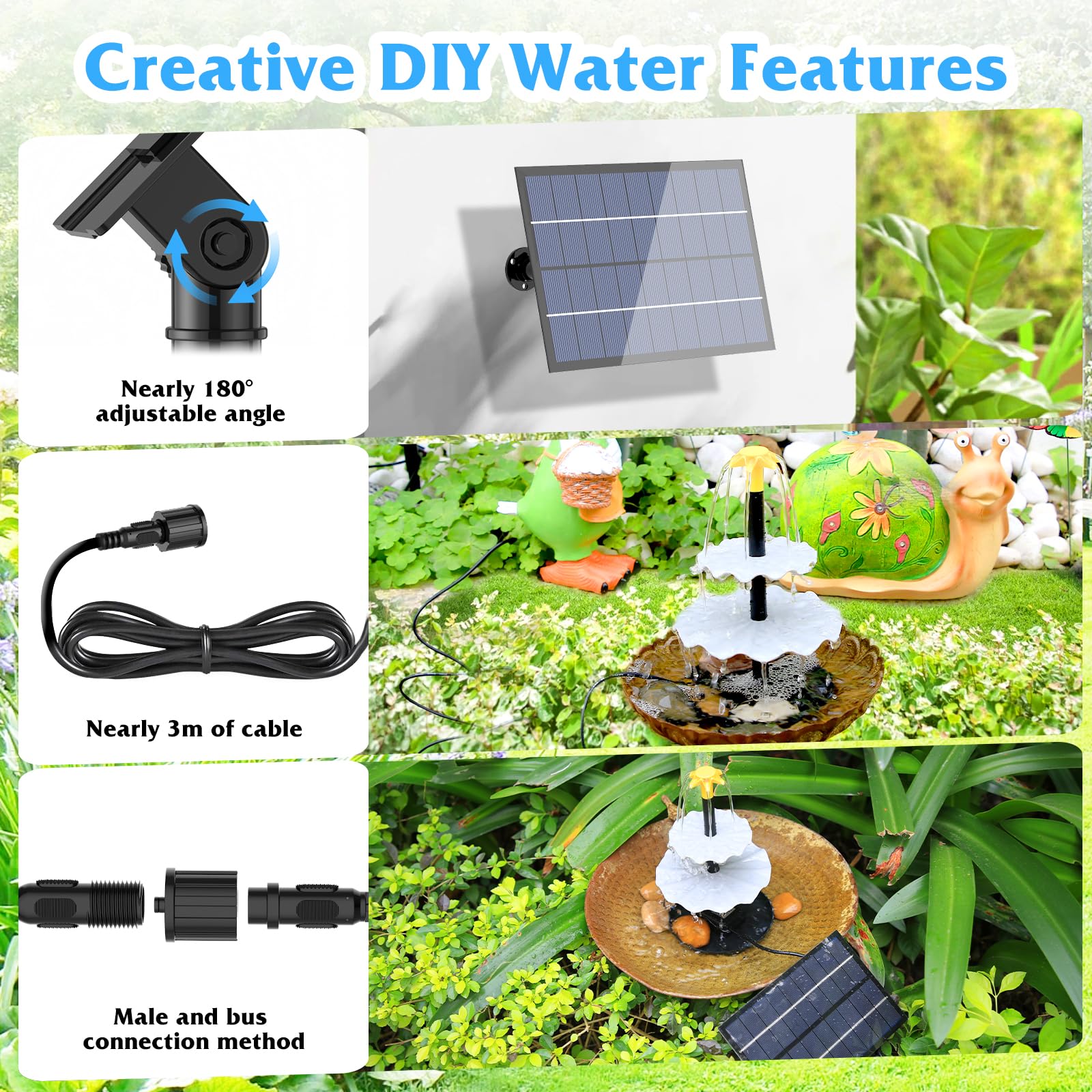 SUJFEE 4W Solar Fountain Pump Kit for Outdoor Garden, Pond, Pool - 3 Tier Cascading Water Feature with Detachable Nozzles & Solar Powered Pump | Perfect for Bird Baths, Patio Decor, Backyard Landscaping